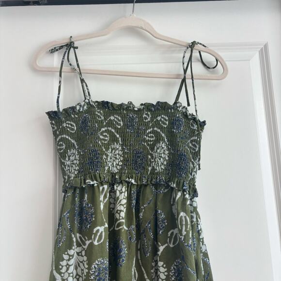 ZARA Green Floral Print Smocked Midi Dress 100% Cotton Tie Straps Size XS - Picture 6 of 14